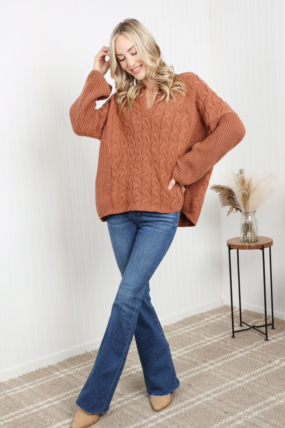 Cable-Knit Notched Sweater